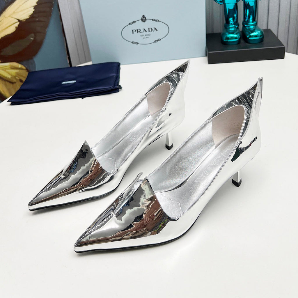 PR Two-tone Brushed Leather Pumps Fashionable And Luxurious Pointed-toe High Heels  Shoes With Elegant Heel Height Of 5.5 Cm #81395