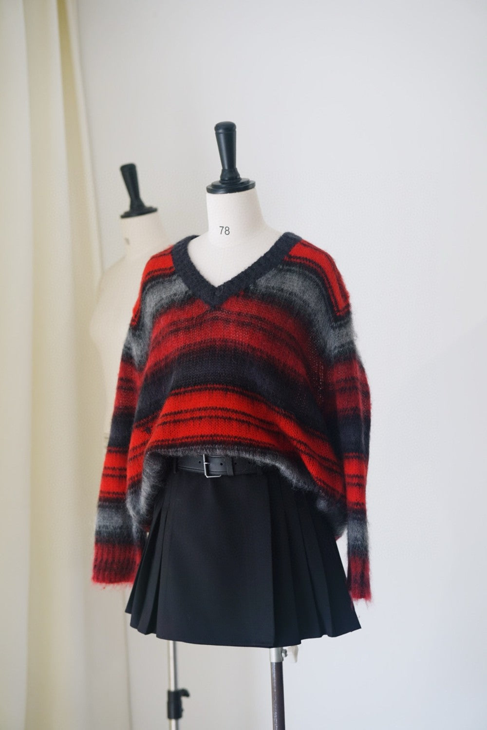 Women's Spring and Autumn Black and Red Color Block Mohair Striped Sweater #74583