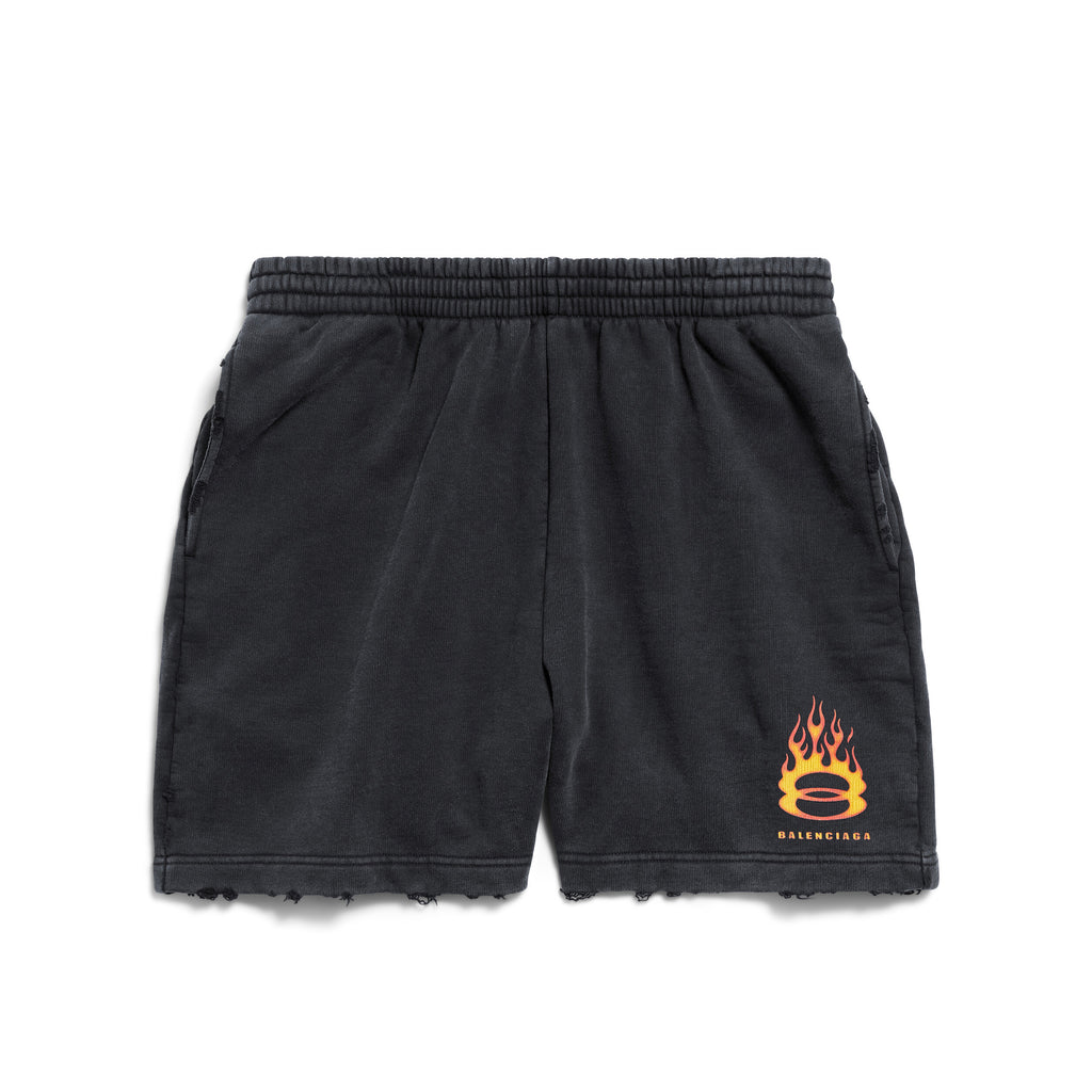 Men's Summer Flame Letter Black Stretch Mid Waist Cotton Shorts Pants #99535