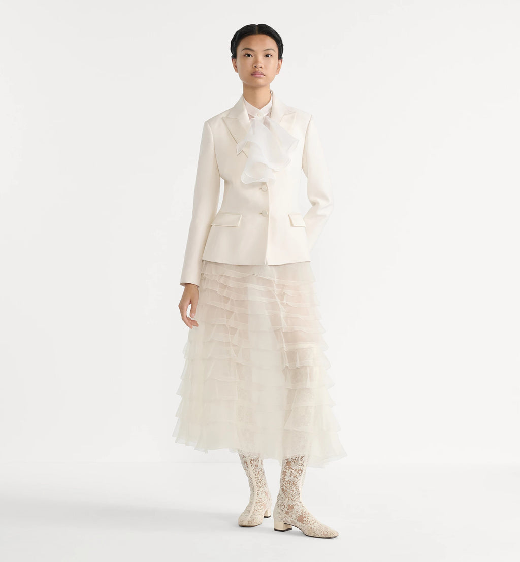 Women's Spring/summer Organza Ruffled Midi Skirt Black & White Solid Color Fashionable Elegant Delicate Skirt #82137A