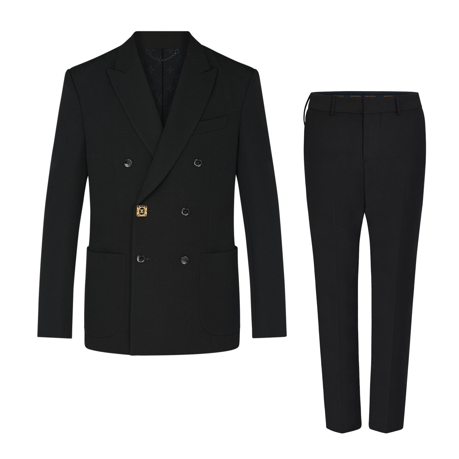 Men's Spring And Fall Black Wool Twill Double Breasted Blazer Jacket Casual Pants Suit Set #98626