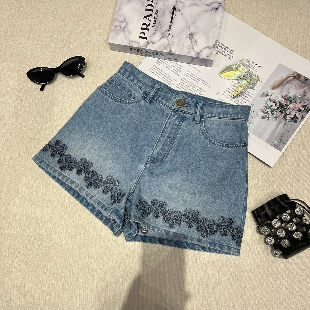 Women's Spring And Fall Blue Hollow Camellia Embroidery Printing Single breasted Long sleeved Denim Jacket Denim Shorts Suit Set #72615