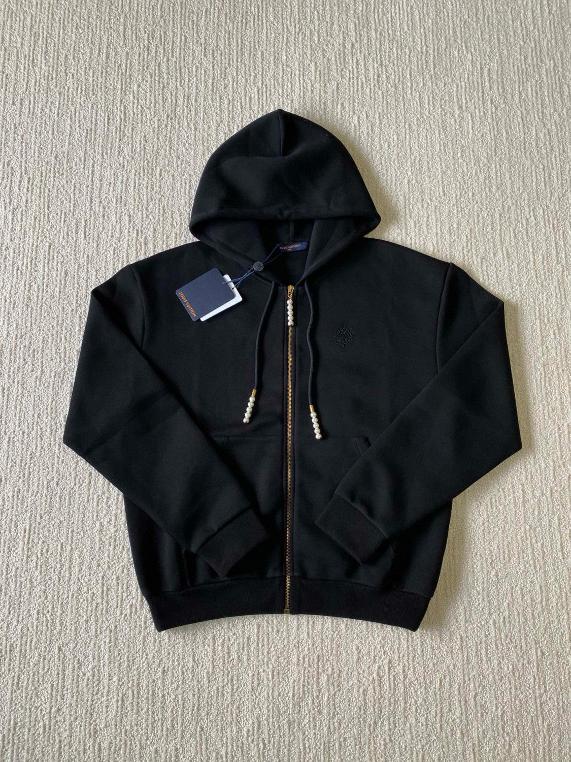 Men's Spring and Fall Pearl Pendant Black Embroidery Knit Zipper Hooded Jacket #98798