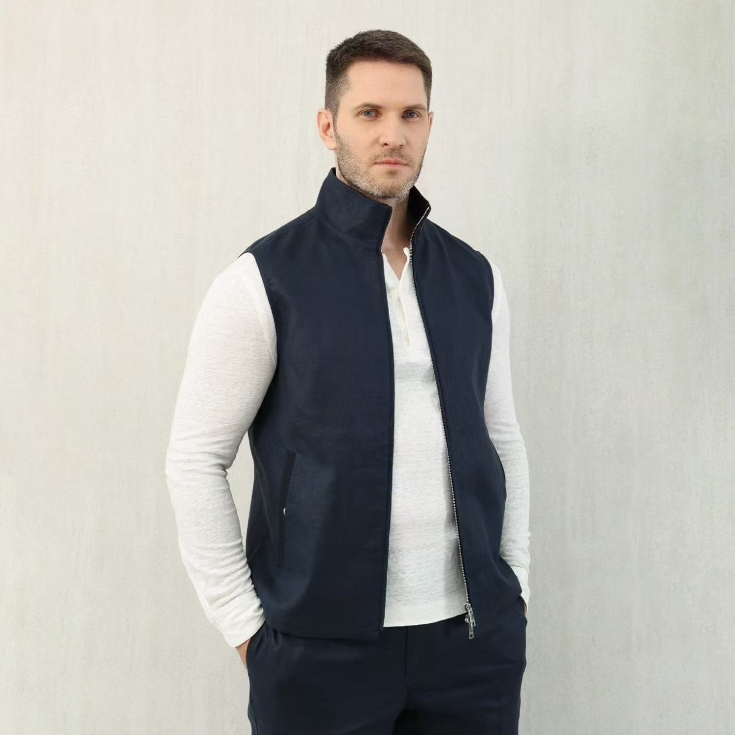 Ermenegildo Zegna Men's Spring And Autumn Solid Color Standing Collar Zipper Fit Sleeveless Vest Jacket Ngvp #1168