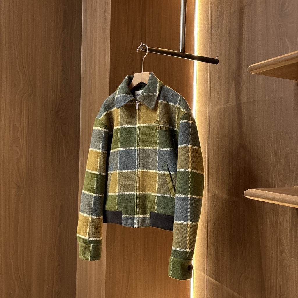 Women's Classic Checkered Pattern Short Jacket Fashionable Retro Color-Block Collar Zipper Jacket #193778