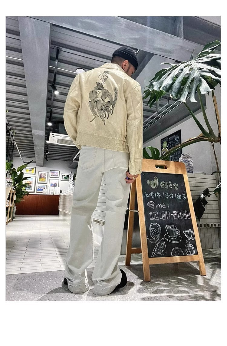 Enfants Riches Deprimes Men's Spring And Autumn Solid Color Sheepskin Loose Short Doing Old Embroidery Arcane 17 Zipper Leather Jacket Ngvp #9167