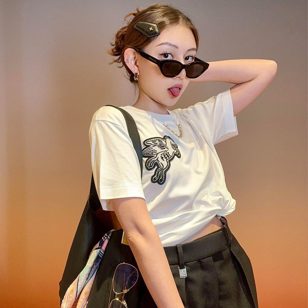 Men's Women's Spring Summer Chain Appliques Pattern Loose T-Shirt Round Neck Cotton Top Ngvp #8866