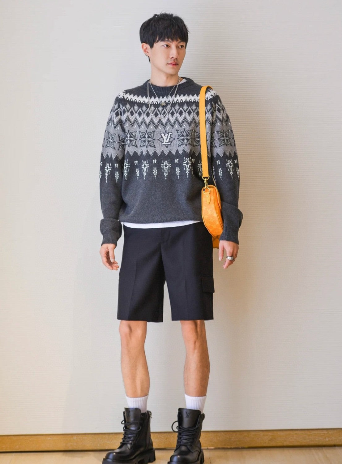 Men's Spring & Autumn Crew Neck Gray & White Embellished Cotton Wool Knit Sweater #74322