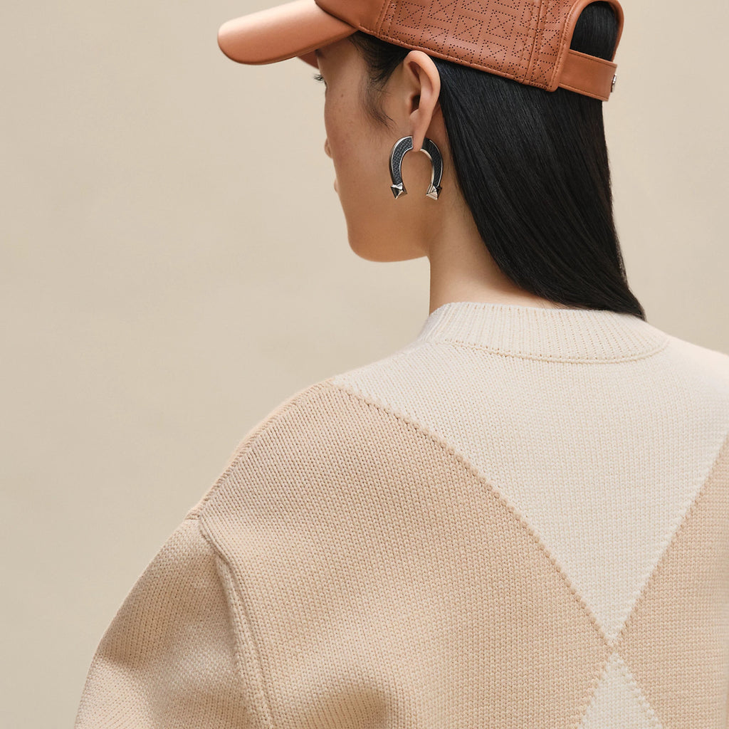 Women's Badge Embroidered Spring. Autumn. And Winter Color-Blocked Round Neck Knitted Cotton Long Sleeve Sweater Ngvp #2134