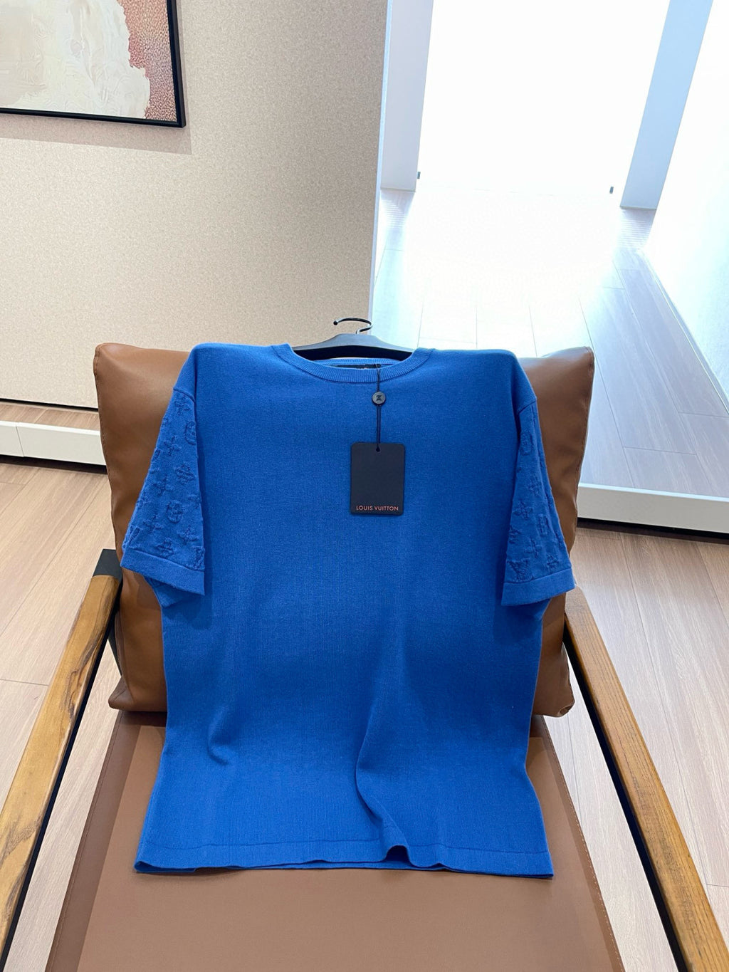 Men's Summer Blue Logo Jacquard Round Neck Cotton Short Sleeve T-Shirt #98663