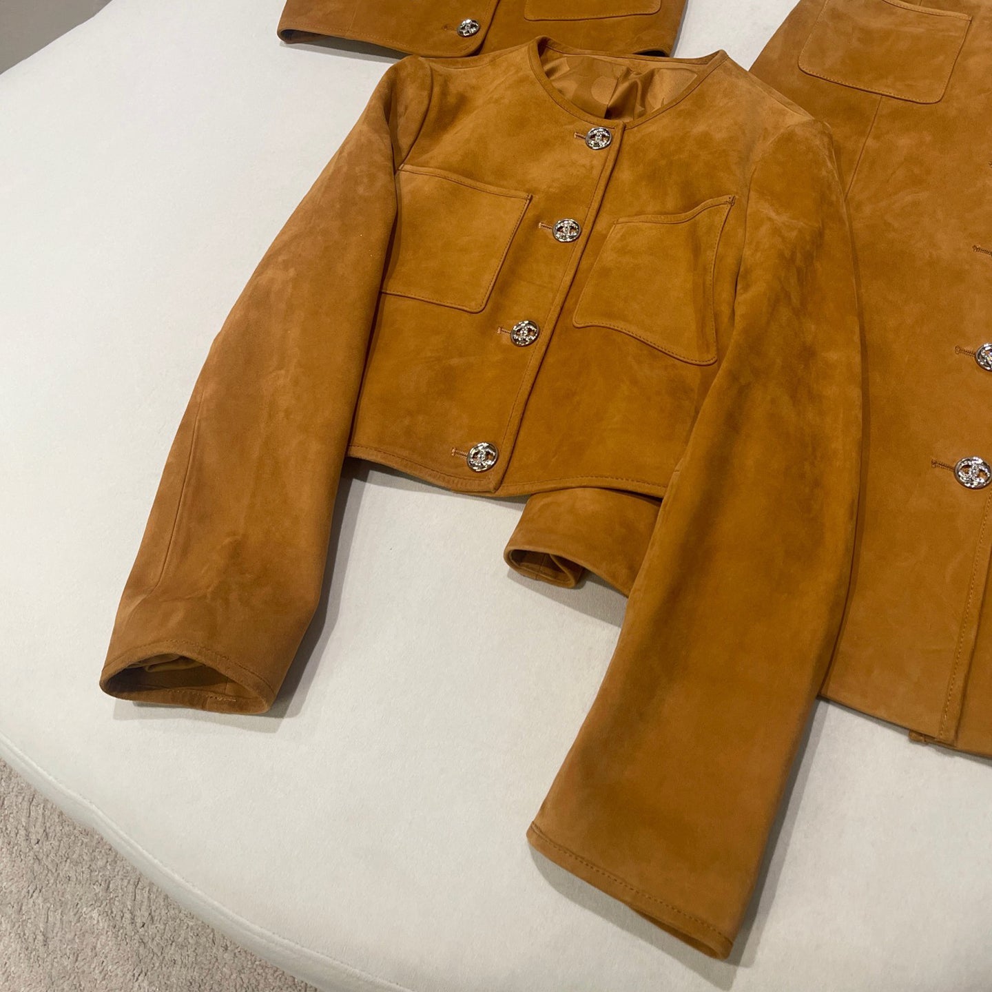 Women's Spring. Autumn And Winter Single-breasted Floral Long Sleeve Short Leather Jacket Casual V-neck Leather Vest Pure Color High Street Style Leather Long Half Skirt Suit Set #71636