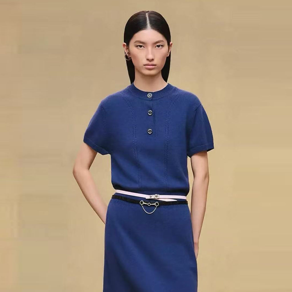 positioned jacquard wool yarn knitted polo short-sleeved T-shirt #194308