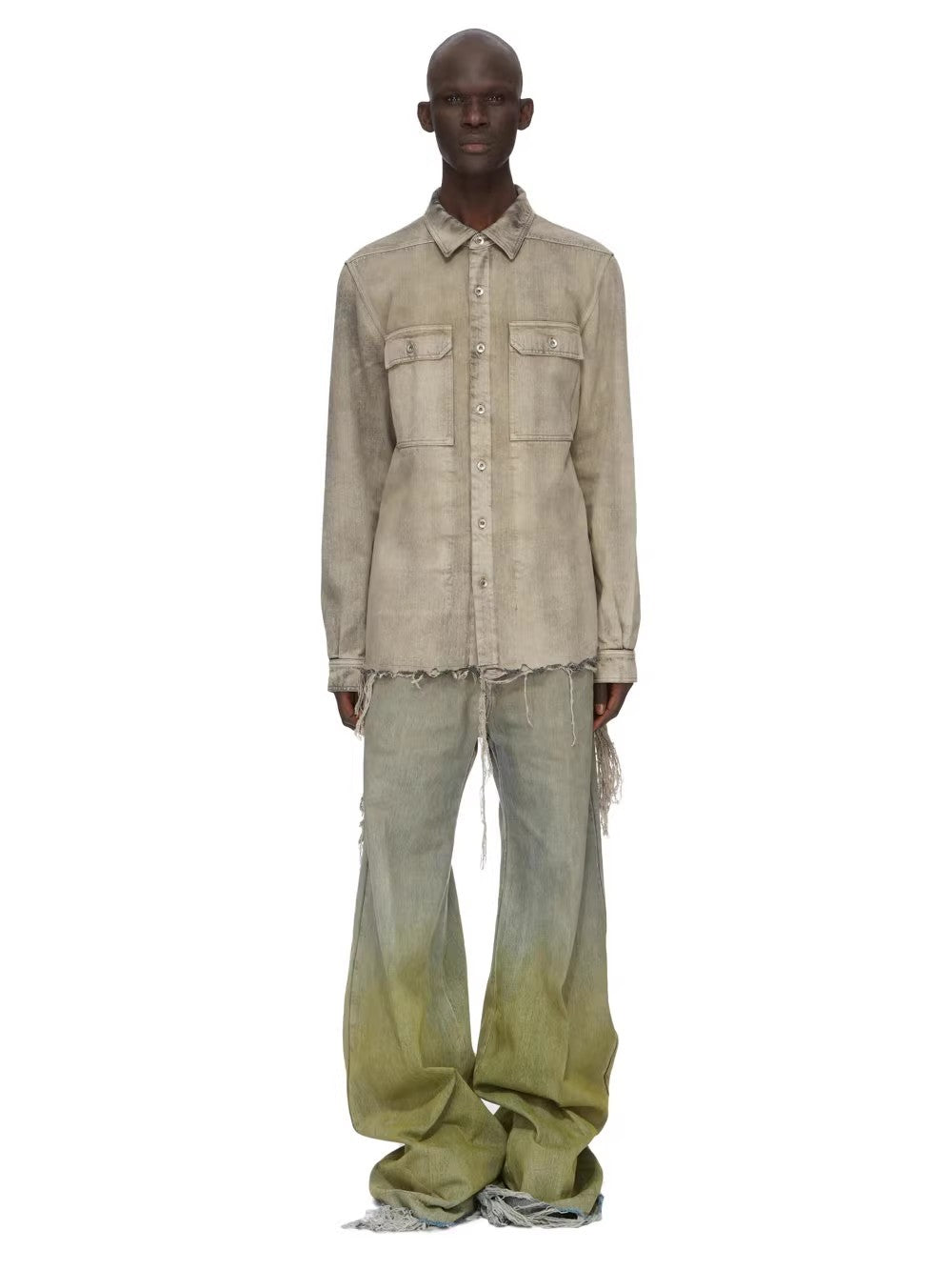 Men's Women's Four Seasons Gradient Yellow Green Washed Vintage Hole Breaking Wide Leg Denim Long Pants Ngvp #8192