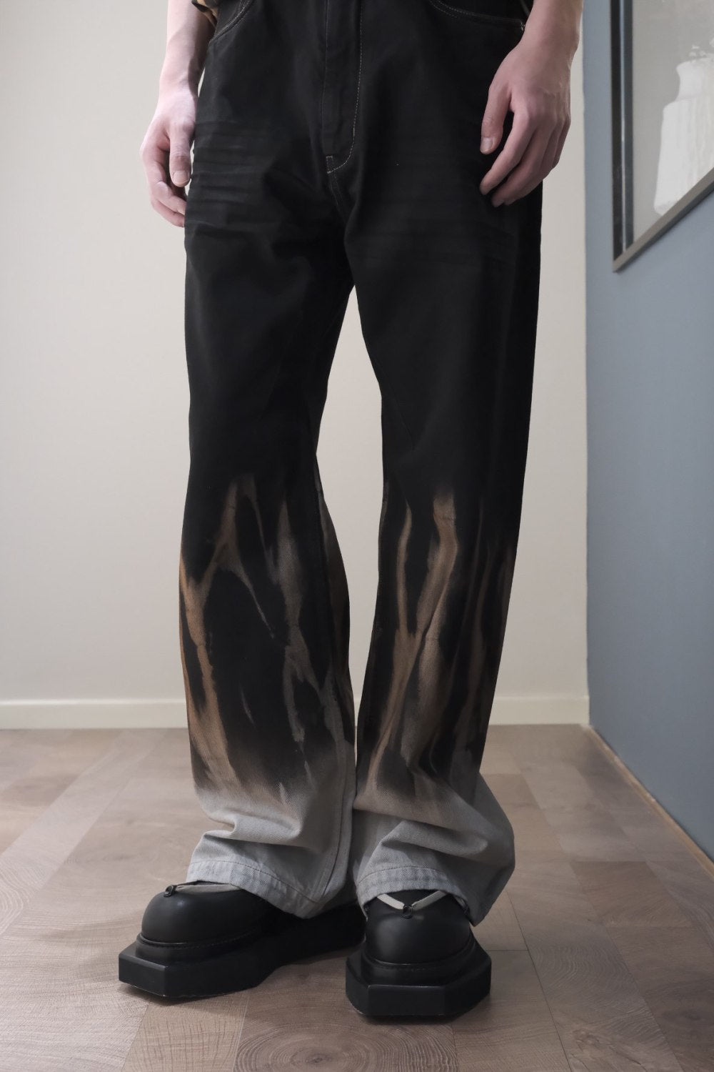 Men's Spring/Summer Flame-Dyed Jeans Dark Style Outfit Lace-Up Tie-Dye Workwear Pants Slightly Flared Bell-Bottom Trousers #194456