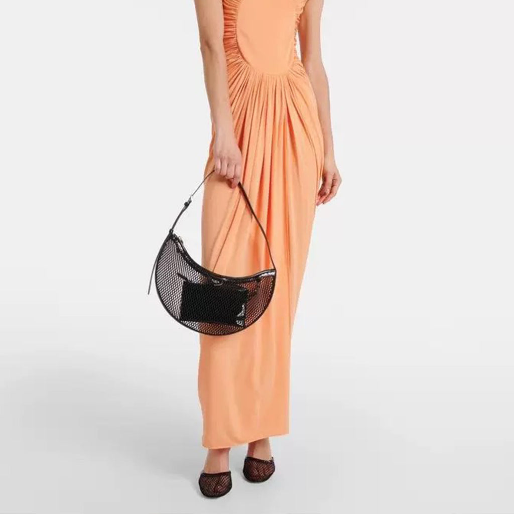 Alaia Women's Black Fishing Net Half Moon Bag Simple Elegant Zipper Underarm Bag Hollow Handbag Removable Patent Leather Inner Bag Shoulder Bags AA1S02731CA266999 Ngvp #9227