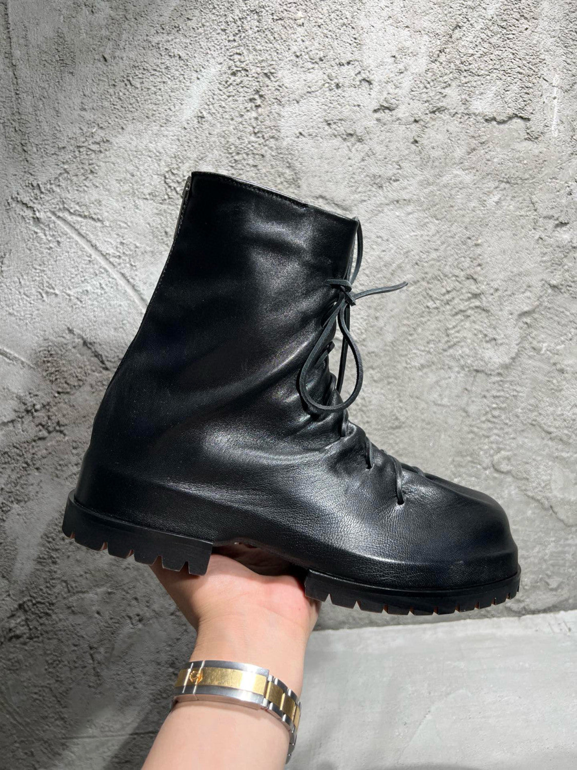 424 Men's Head Sheepskin Round Toe Lace Up Mid Calf Boots Pleated Dark Style Chunky Heel Thick Bottom Height Increasing Martin Boots  Shoes #71713