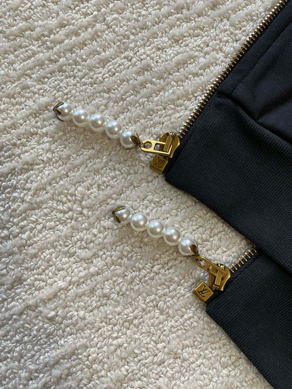 Men's Spring and Fall Pearl Pendant Black Embroidery Knit Zipper Hooded Jacket #98798