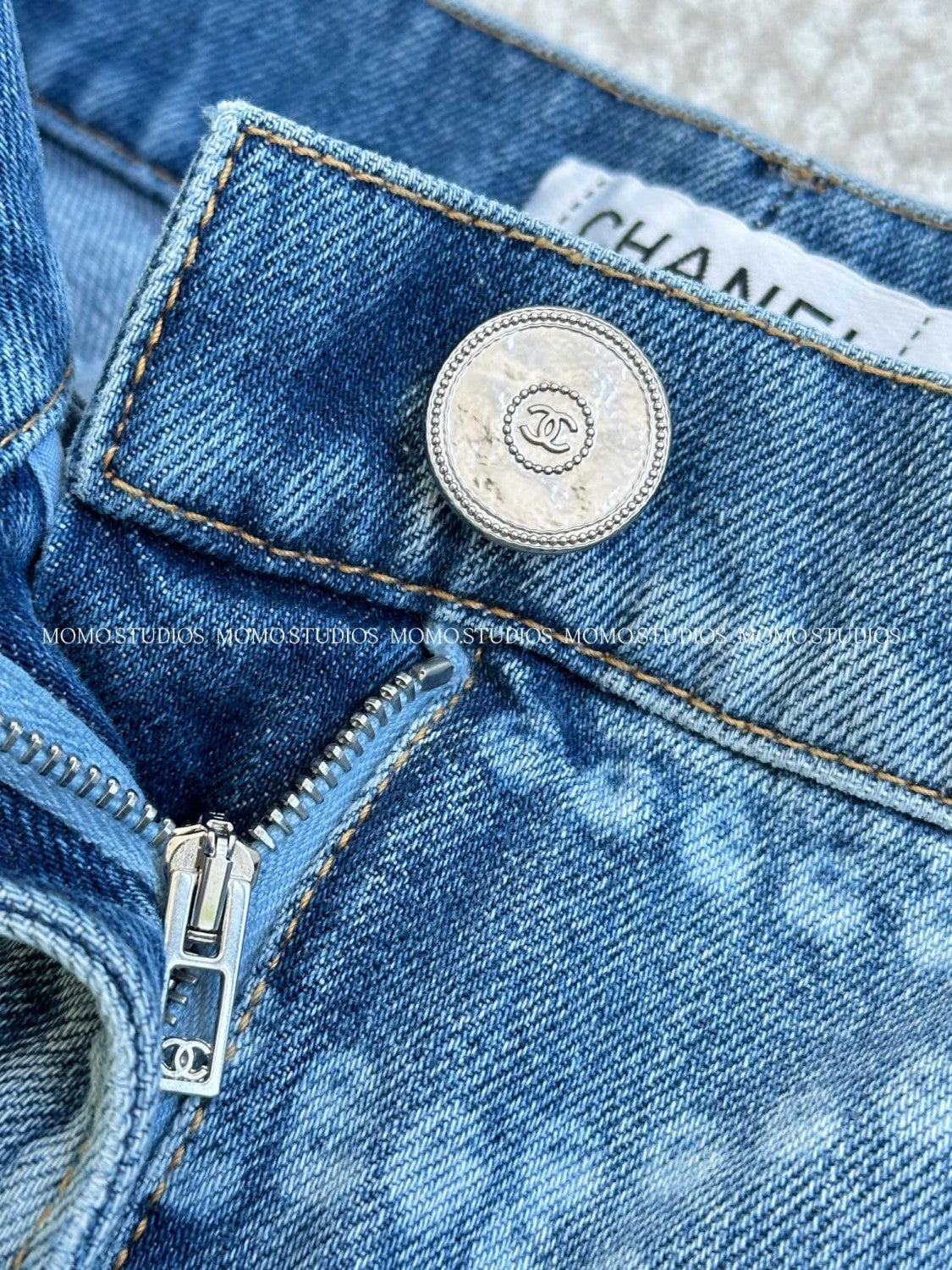 Women's Spring and Autumn Blue Printed Washed Cotton Button Straight Long Jeans Pants #75498