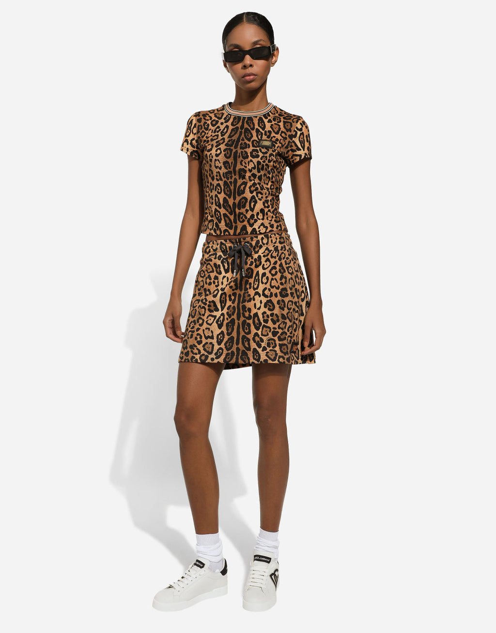 Women's Summer Leopard Crespo Cotton Round Neck Short Sleeve T-Shirt Casual Mini Skirt #71648