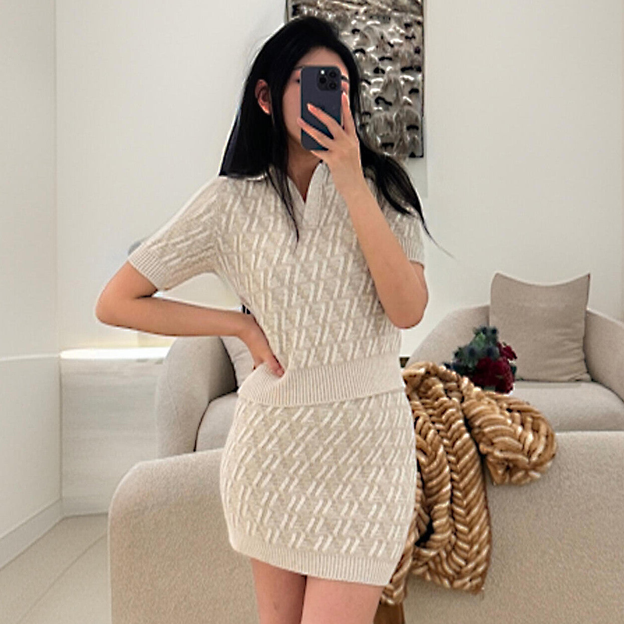 Women's Summer Solid Color Jacquard Ribbed V-Neck Short Sleeve Sweater Top Casual Short Skirt Set Suit #74982