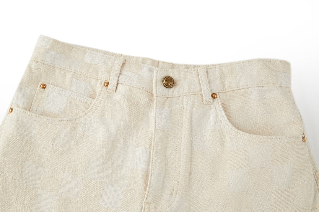 Men's Spring Summer Beige Plaid Jacquard Mid-Rise Straight Leg Jeans Pants #99881