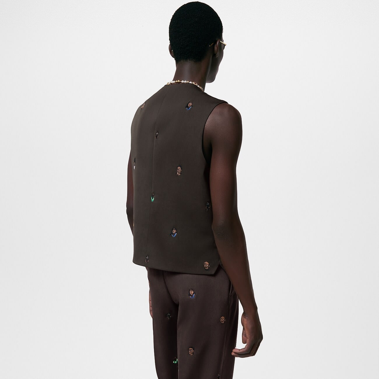 1VMen's Spring and Autumn Brown Logo Embroidery V-Neck Single Breasted Suit Vest #72773