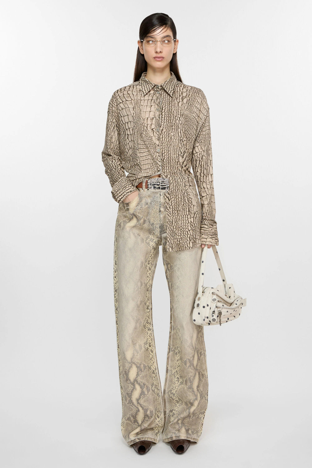 Women's Four Seasons Python Print Mid Waist Loose Cotton Micro Raglan Denim Pants Ngvp #1544