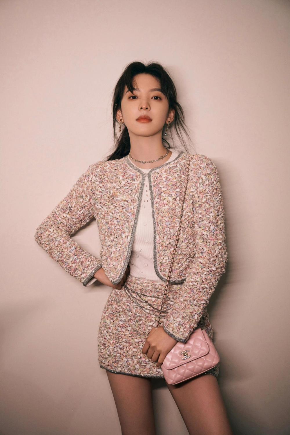 Women's Spring/Autumn Round Neck Rhinestone Trim Color Block Long Sleeve Cardigan Jacket Casual Tweed Stretch Skirt Ngvp #2274