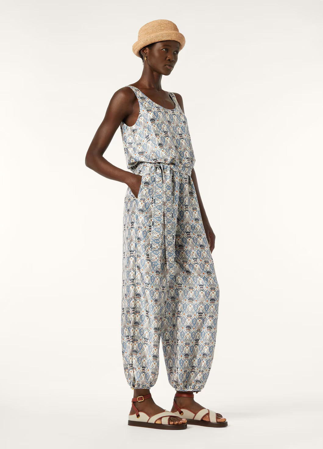 Women's Four Seasons Round Neck Sleeveless Printed Silk Elastic Waist Wide Leg Pants Nadia Jumpsuit Ngvp #1816