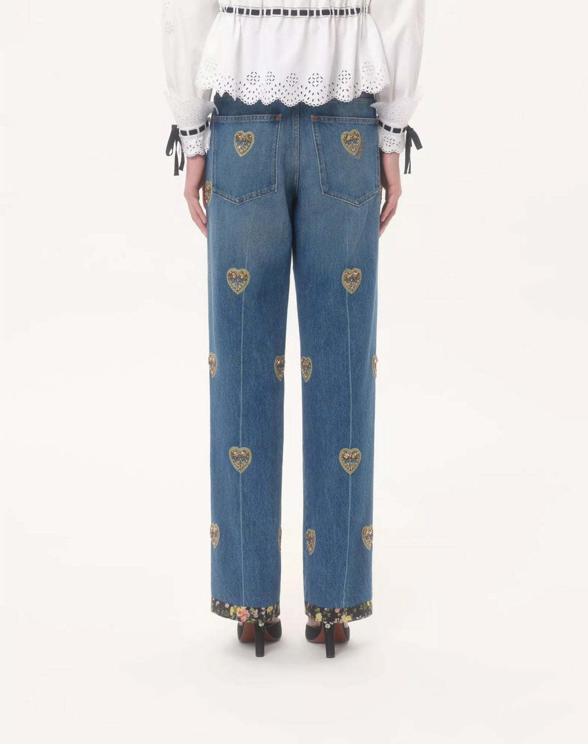 Women's Four-Season Vintage Heart-Shaped Embroidered Floral Beaded Solid-Color Denim Jeans Pants Ngvp #2379