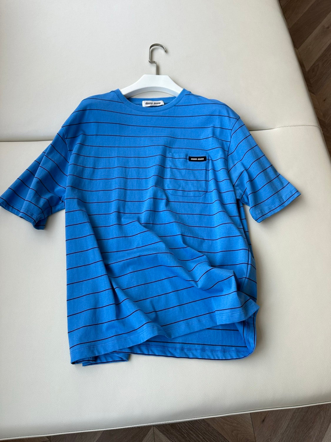 Women's Summer Blue Striped Letter Printed Round Neck Short Sleeve T-Shirt #75978