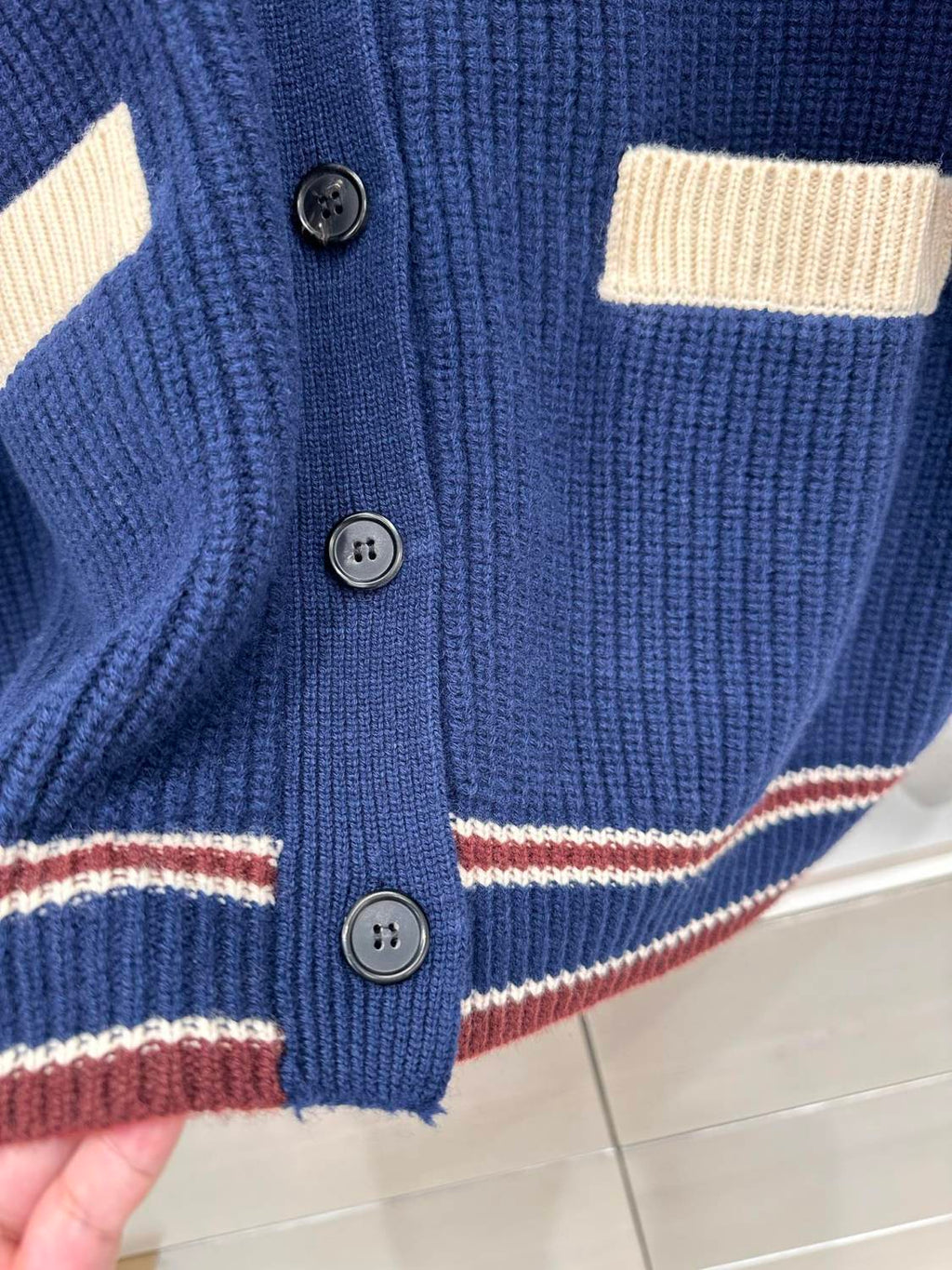 Women's Spring And Fall V-neck Blue And White Blended Knit Single Breasted Cashmere Sweater Jacket #74428