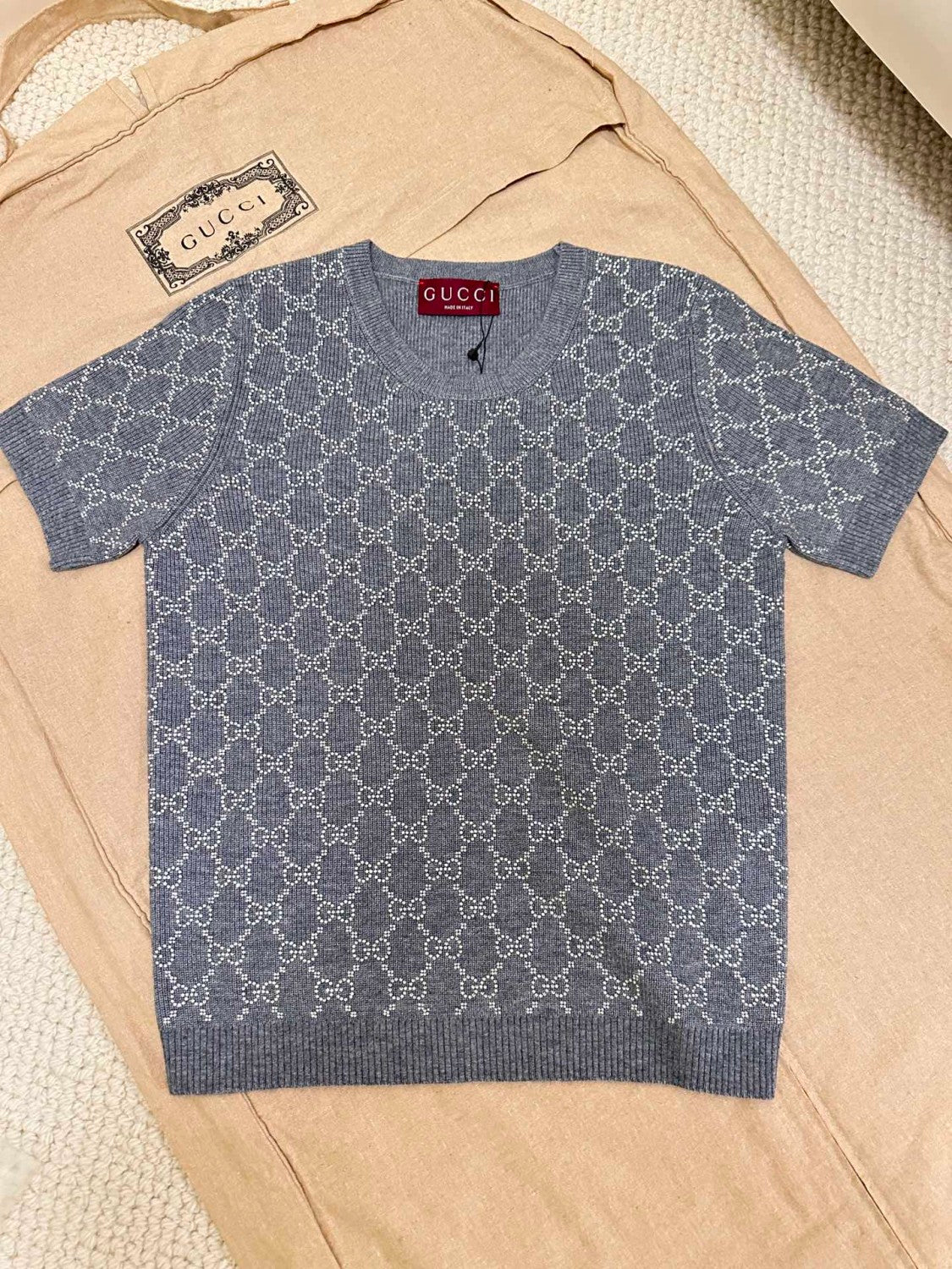 Women's Summer Gray Letter Logo Rhinestone Decoration Slim Short Sleeve Knit T-Shirt #72992