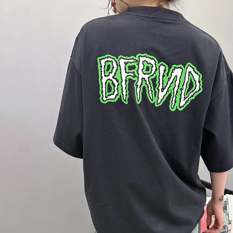 Men Women Spring Summer Fashion High Street Loose Casual Short Sleeve Printed Cotton Black T-shirt Ngvp #7586