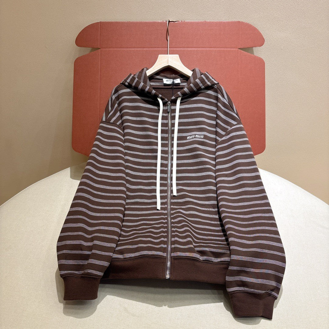 Women's Autumn/winter Brown Striped Cotton Fleece Hooded Jacket Knit Fashion Drawstring Trendy Casual Zipper Sweatshirt Jacket #82275A