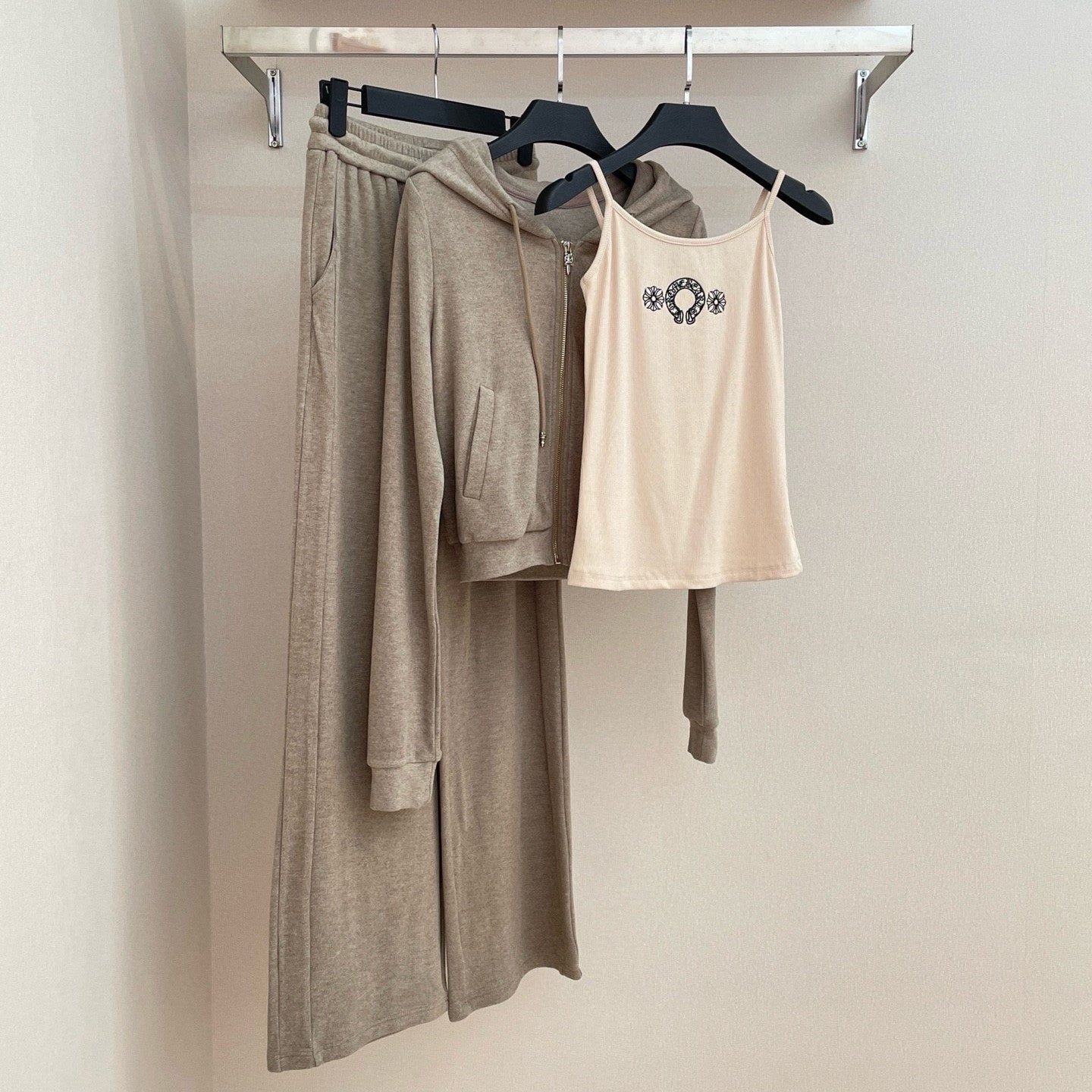 Women's Spring And Autumn Camisole Undershirt Zipper Hooded Long Sleeved Jacket Lace Up Casual Trousers Pants Three Piece Suit Set #73348