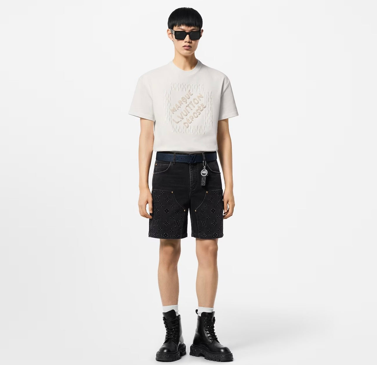 Men's Summer Black Letter Print Logo Pattern Zipper Pocket Denim Shorts Pants #72732