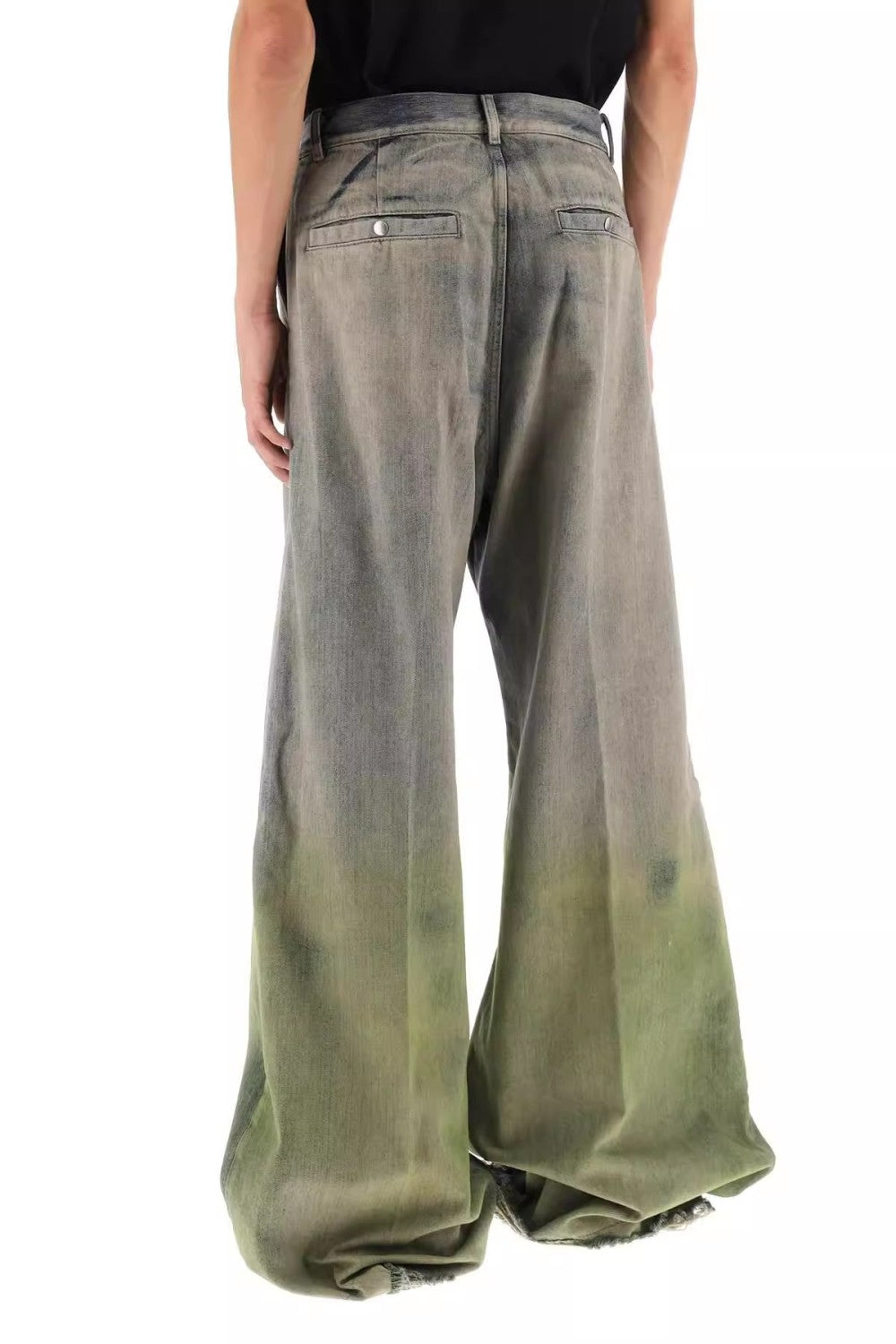 Men's Women's Four Seasons Gradient Yellow Green Washed Vintage Hole Breaking Wide Leg Denim Long Pants Ngvp #8192
