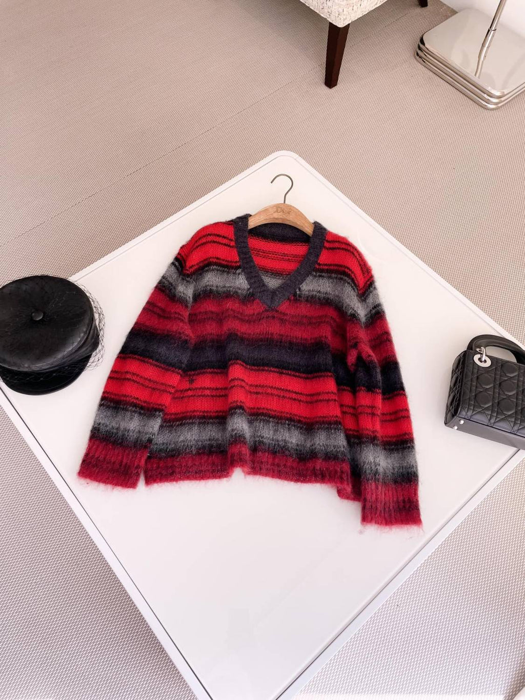 Women's Spring and Autumn Black and Red Color Block Mohair Striped Sweater #74583