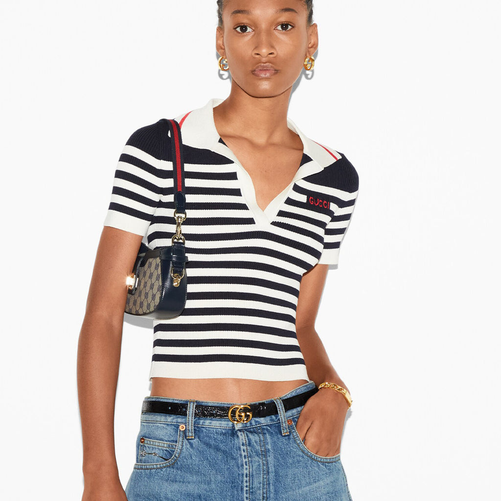 Women's Spring And Summer Striped Letter Logo Polo Knit Sweater Fashion Casual Temperament V-neck Short Sleeve T-shirt  #71379