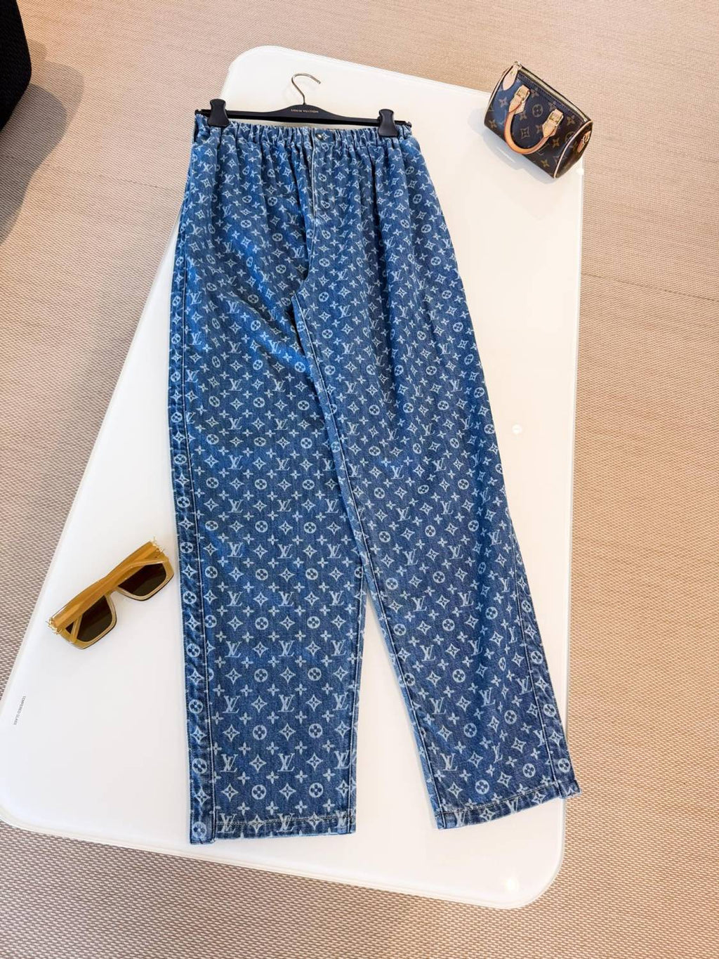 Monogram Jeans Women's Luxury Elastic Waist Drawstring Straight Jeans Fashion Temperament Trend Denim Pants  #81451