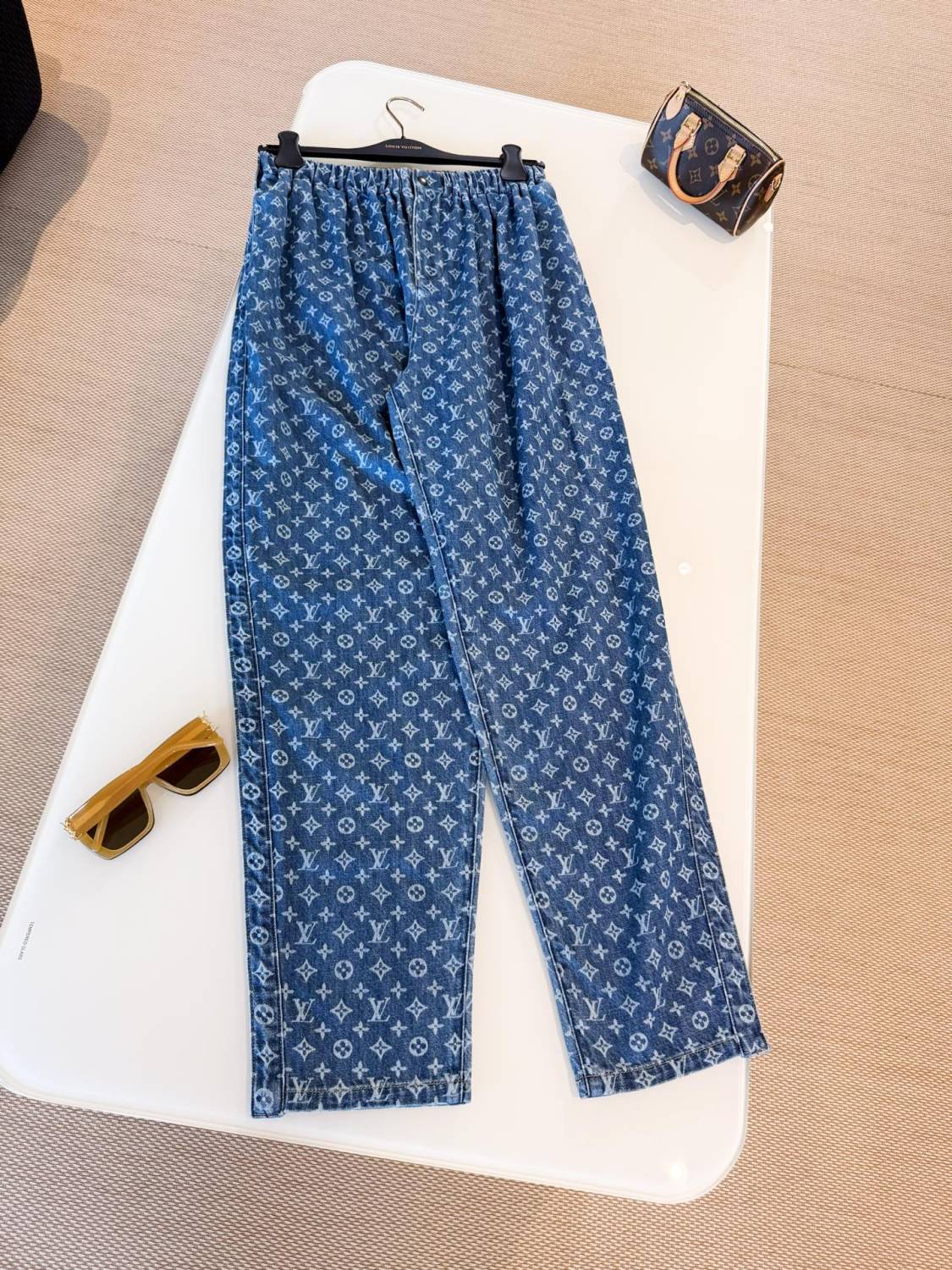 Monogram Jeans Women's Luxury Elastic Waist Drawstring Straight Jeans Fashion Temperament Trend Denim Pants  #81451