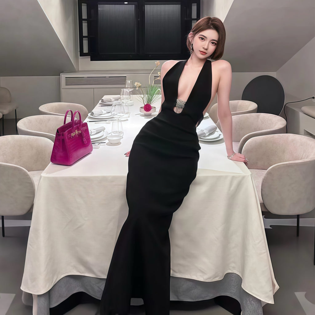 Women's Spring And Summer Black V-neck Long Temperament Luxury Sexy Crystal Decoration Backless Dresses  Ngvp #8795