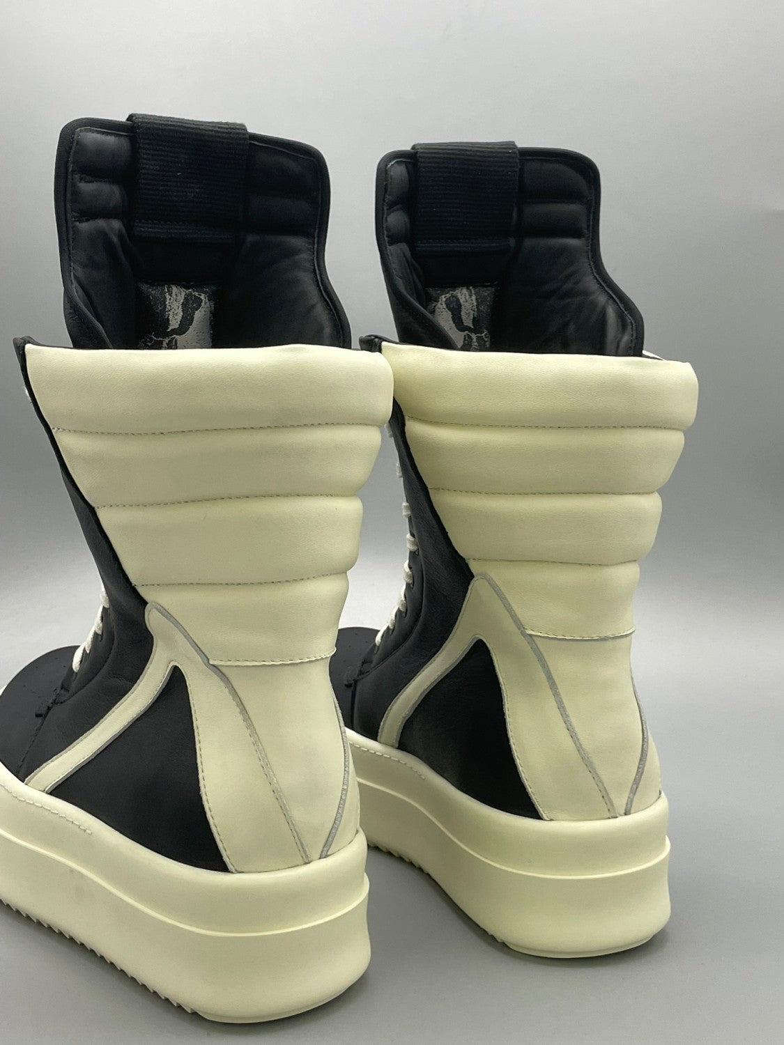 Men's And Women's Black And White Inverted Triangle High Top Lace Up Cowhide Shoes #77917
