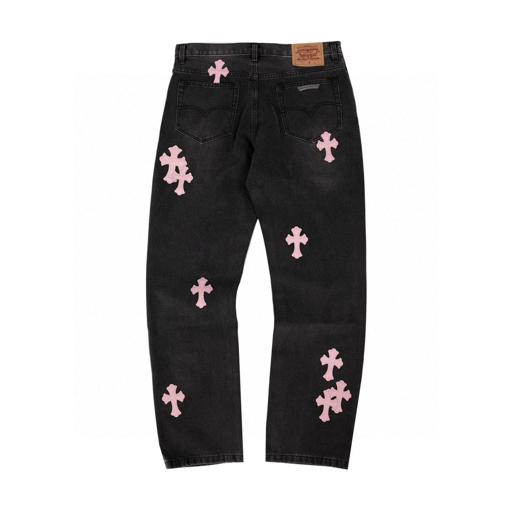Men's and Women's Spring and Fall Pink Cross Calfskin Labeled Black Jeans Pants #97952