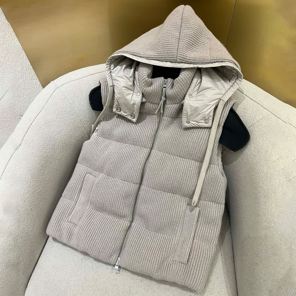 Women's Fall/winter Cotton British Ribbed Knit Down Vest Hooded Drawstring Sleeveless Jacket Ngvp #2417