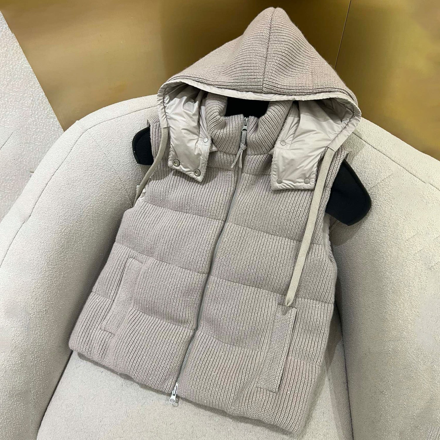 Women's Fall/winter Cotton British Ribbed Knit Down Vest Hooded Drawstring Sleeveless Jacket Ngvp #2417