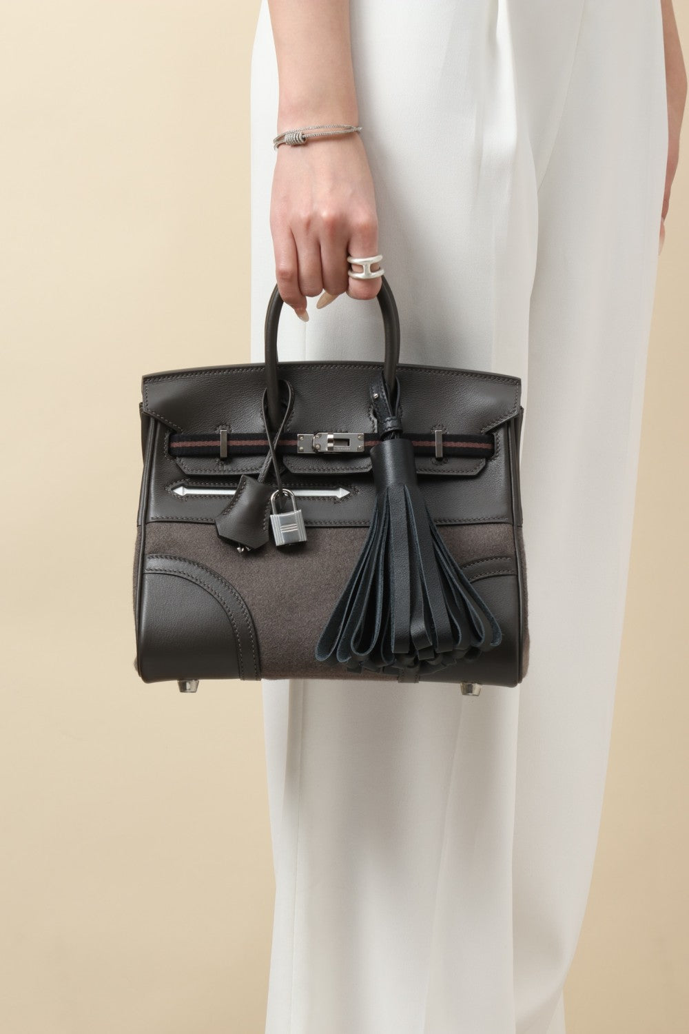 Birkin Go Team 25 BKG25 Women's Solid Color Wool Felt and Calfskin Handbag Bag Bags #77527