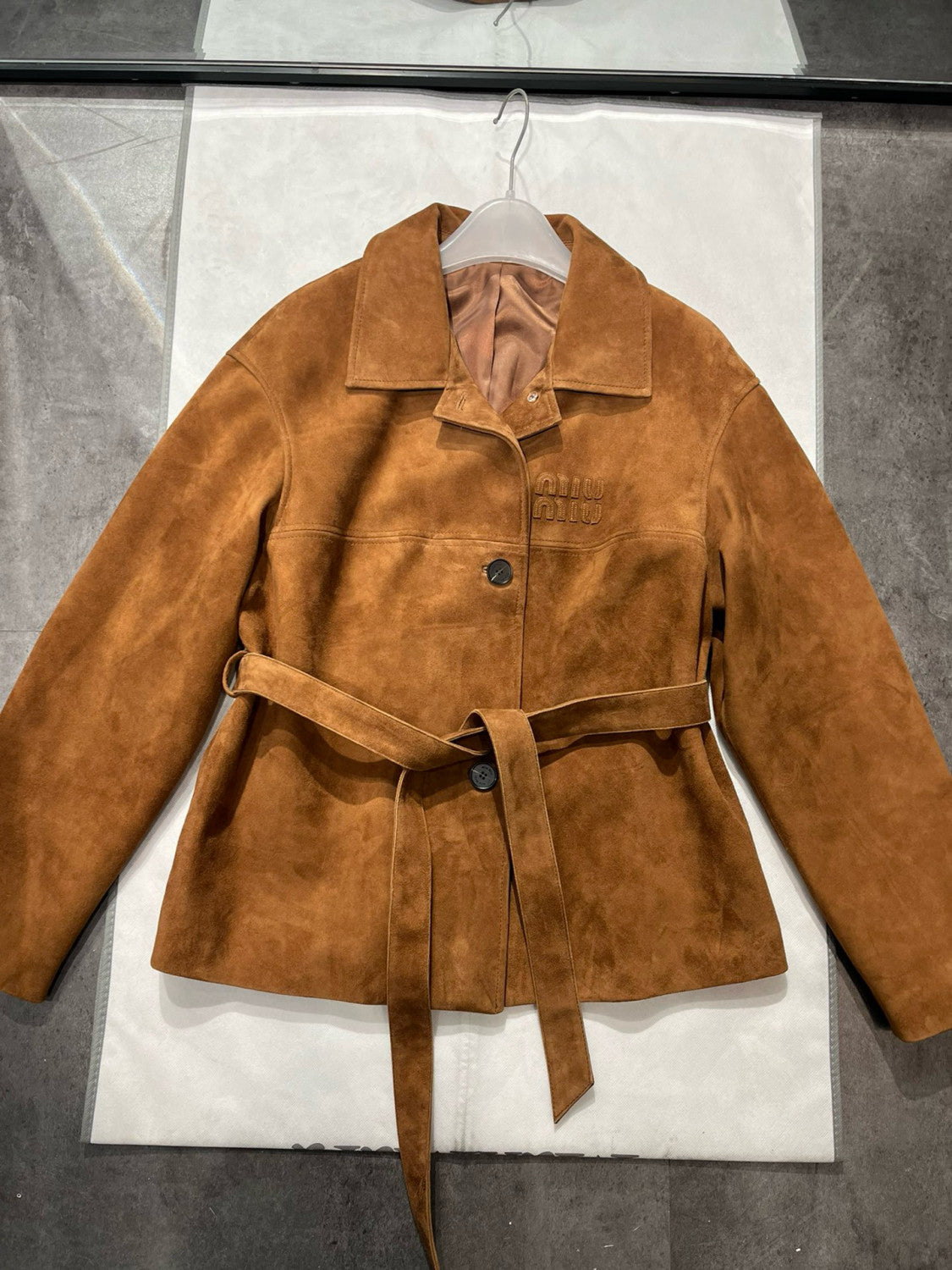 Women's Fall/Winter Brown Embossed Logo Lapel Suede Long Sleeve Jacket #98838