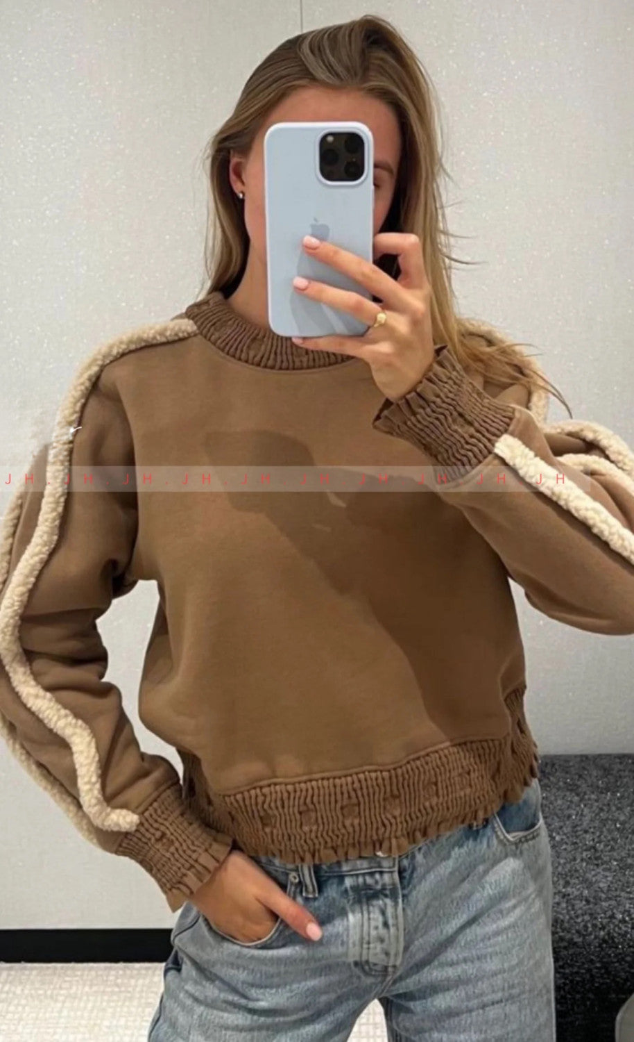 Women's Autumn And Winter Letters Double C Logo Brown Teddy Bear Sweatshirt Fashion Trend Casual Colour Blocking Round Neck Tops #71684